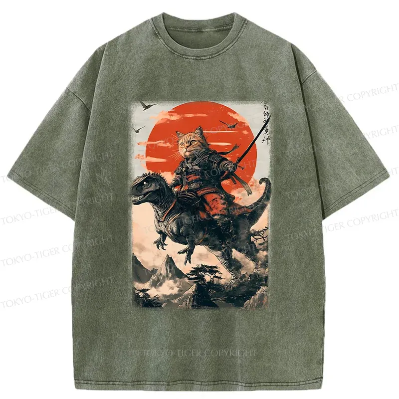 Tokyo-Tiger Brave Cat Samurai Washed T-Shirt