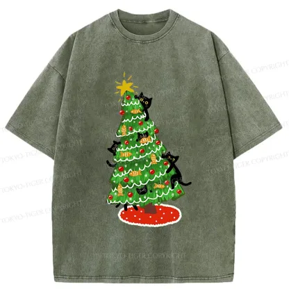 Tokyo-Tiger Christmas Tree Full Of Black Cats Washed T-Shirt