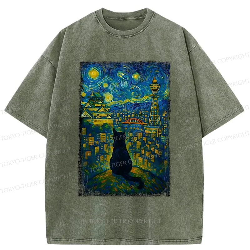 Tokyo-Tiger Cats In The City Of Osaka Washed T-Shirt