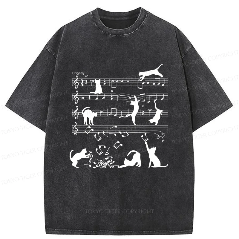 Tokyo-Tiger Cat Playing With Sheet Music Washed T-Shirt