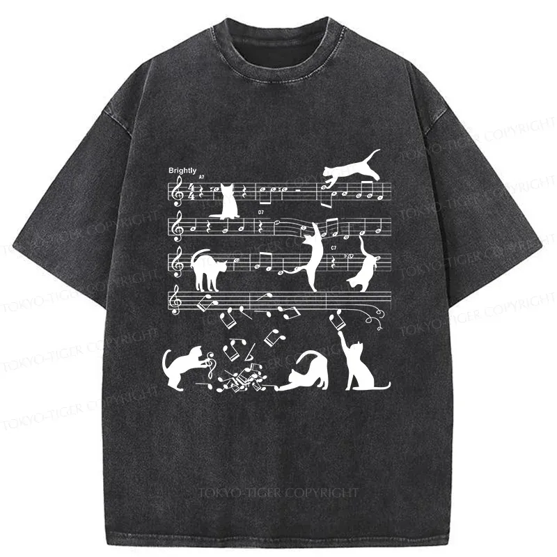 Tokyo-Tiger Cat Playing With Sheet Music Washed T-Shirt