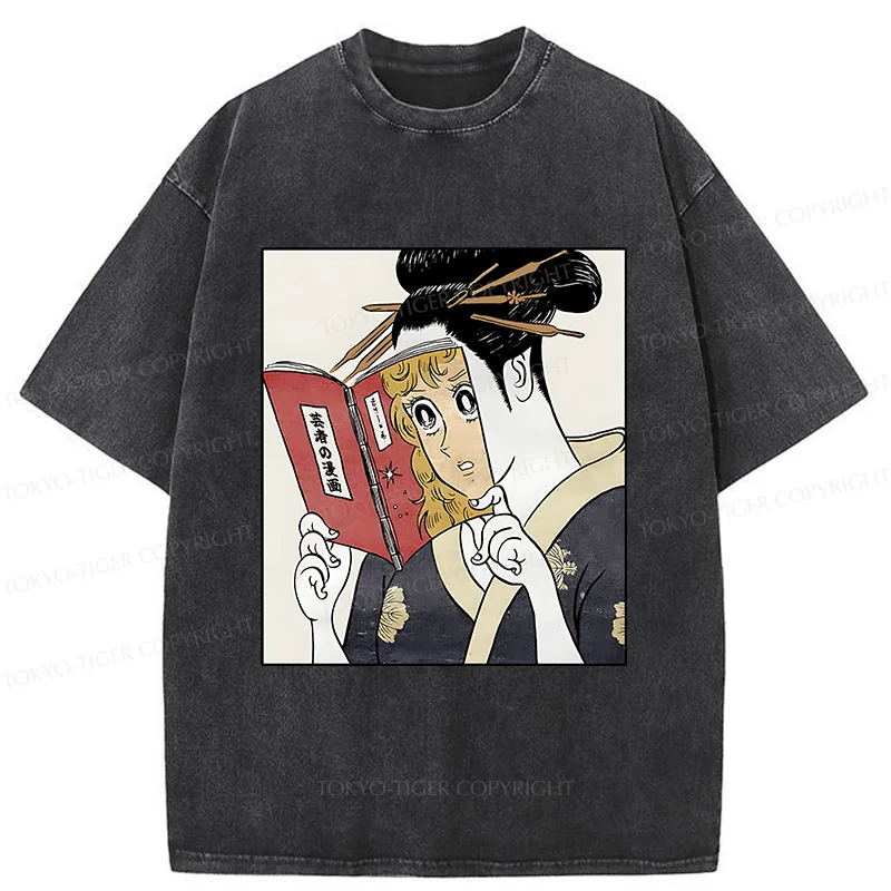 Tokyo-Tiger Geisha Reading Girls' Comics Washed T-Shirt