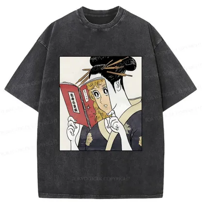 Tokyo-Tiger Geisha Reading Girls' Comics Washed T-Shirt