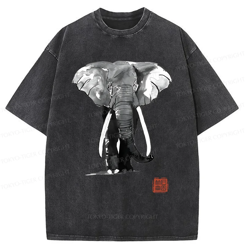 Tokyo-Tiger Elephant Ink Painting Washed T-Shirt