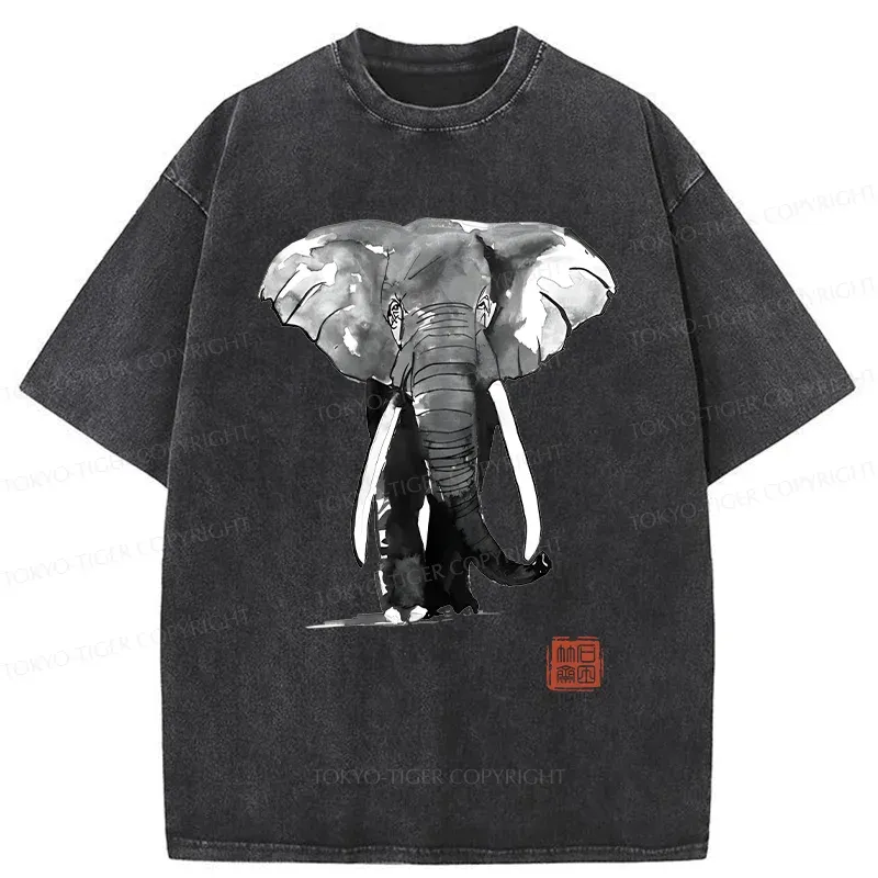 Tokyo-Tiger Elephant Ink Painting Washed T-Shirt