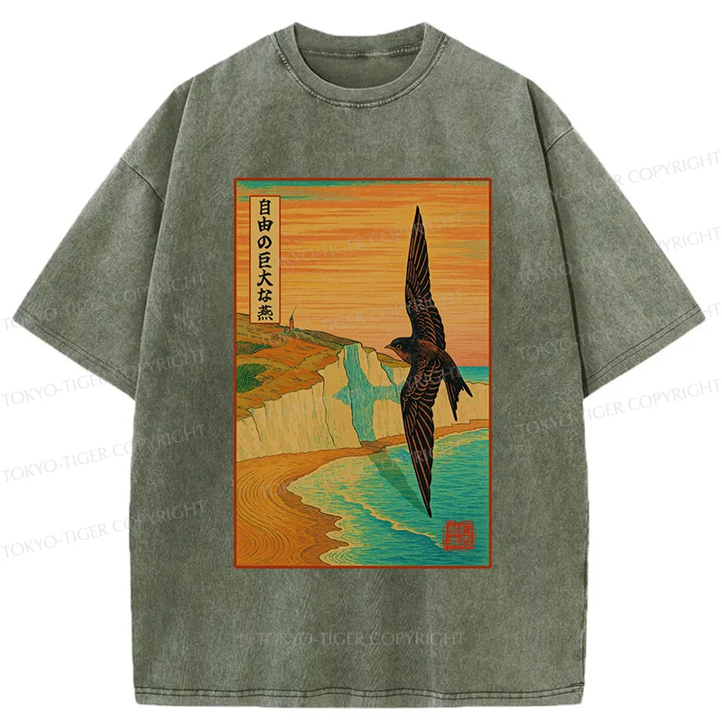 Tokyo-Tiger Large And Unconstrained Swallow Washed T-Shirt
