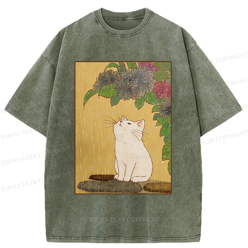 Tokyo-Tiger Cat Enjoying Flowers Washed T-Shirt