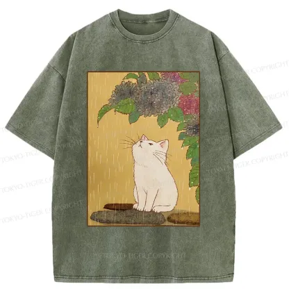 Tokyo-Tiger Cat Enjoying Flowers Washed T-Shirt