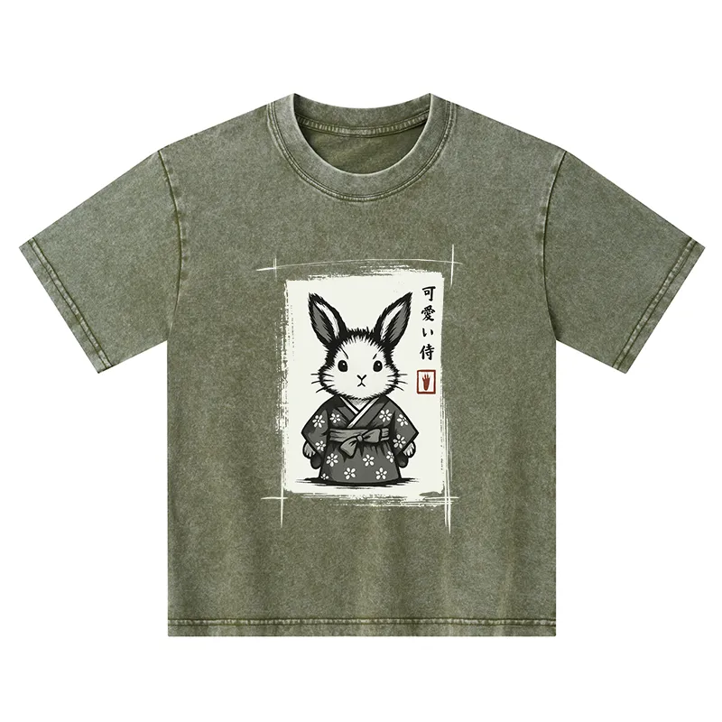 Tokyo-Tiger Woodcut Bunny Kids Washed T-Shirt