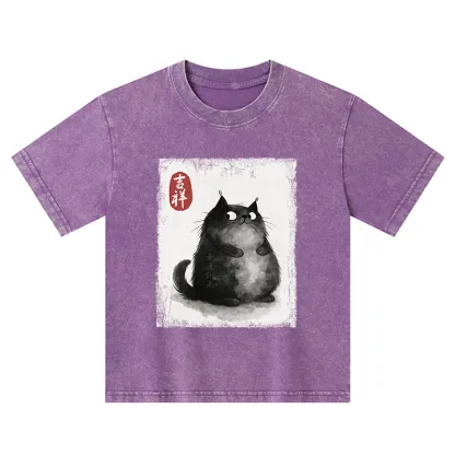 Tokyo-Tiger Auspicious Fluffy Black Cat Ink Painting Kids Washed T-Shirt