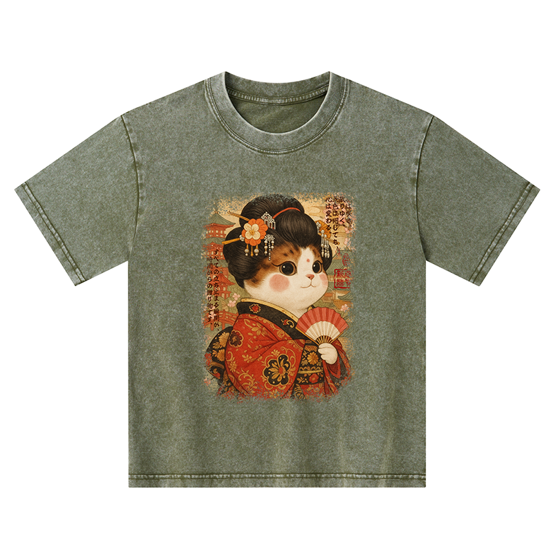 Tokyo-Tiger Ukiyoe Japanese Cat Princess Kids Washed T-Shirt