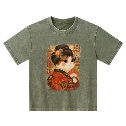 Tokyo-Tiger Ukiyoe Japanese Cat Princess Kids Washed T-Shirt