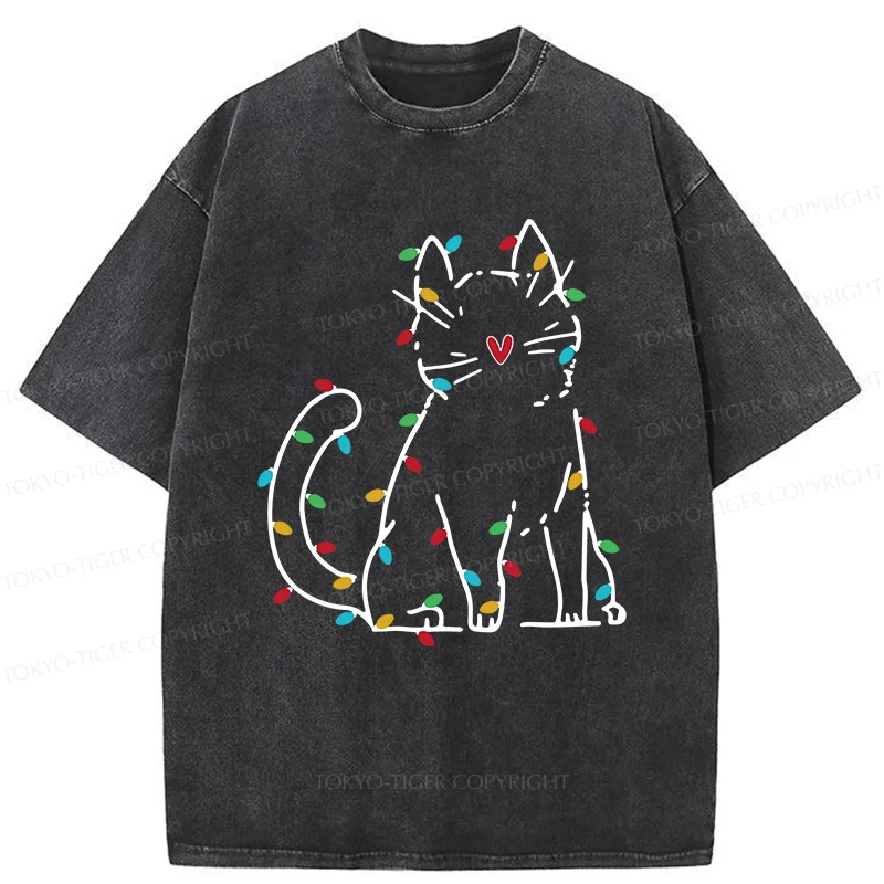 Tokyo-Tiger Christmas Lights Cat Washed T-Shirt