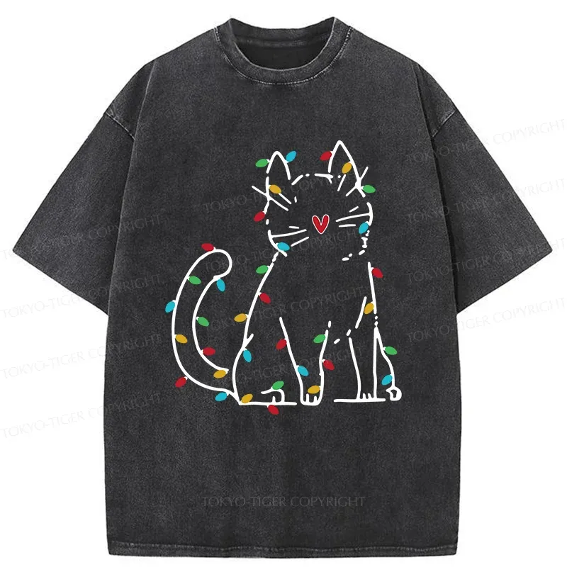 Tokyo-Tiger Christmas Lights Cat Washed T-Shirt