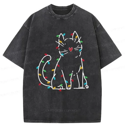 Tokyo-Tiger Christmas Lights Cat Washed T-Shirt