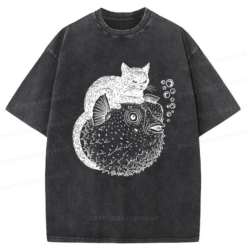 Tokyo-Tiger Black Cat Riding A Pufferfish Washed T-Shirt
