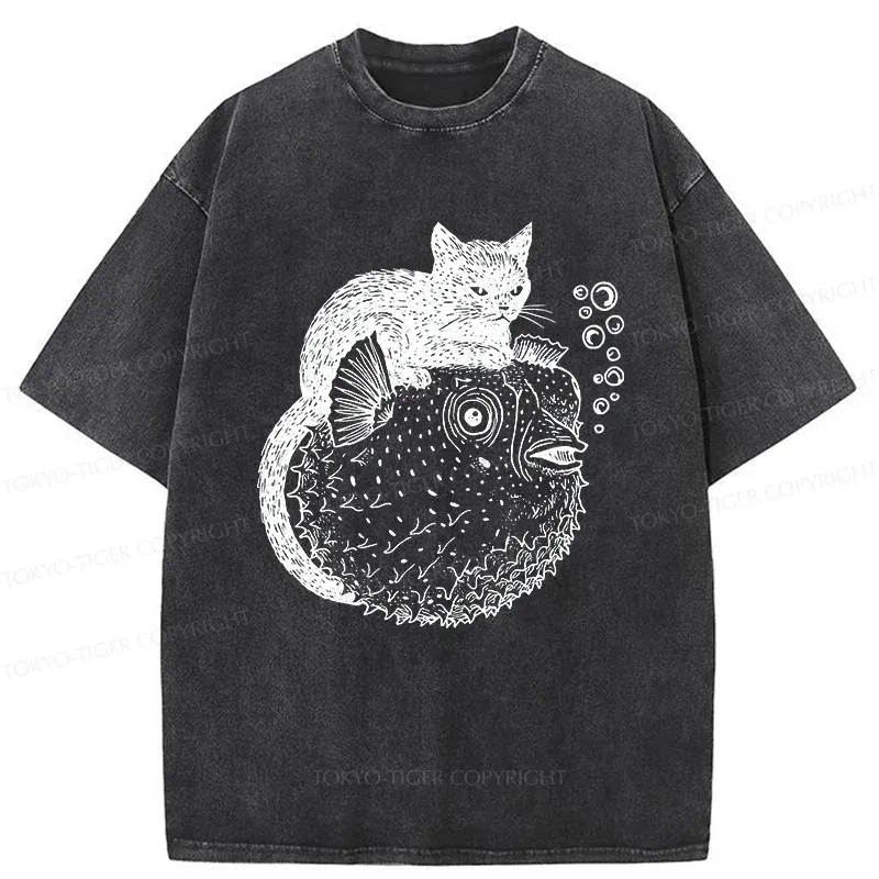Tokyo-Tiger Black Cat Riding A Pufferfish Washed T-Shirt