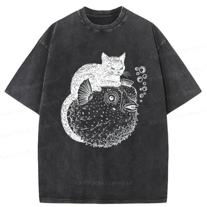 Tokyo-Tiger Black Cat Riding A Pufferfish Washed T-Shirt