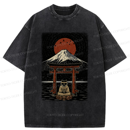 Tokyo-Tiger Samurai Cat In Meditation Washed T-Shirt