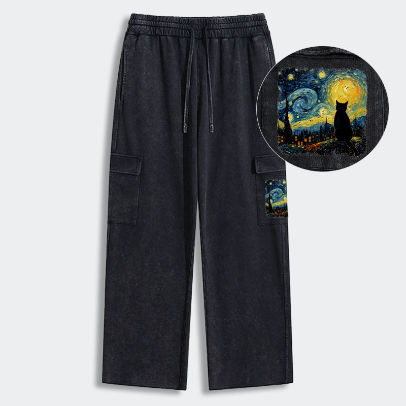 Tokyo-Tiger The Starry Night Cat Washed Utility Sweatpants