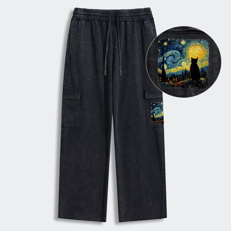 Tokyo-Tiger The Starry Night Cat Washed Utility Sweatpants