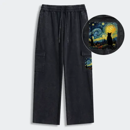 Tokyo-Tiger The Starry Night Cat Washed Utility Sweatpants