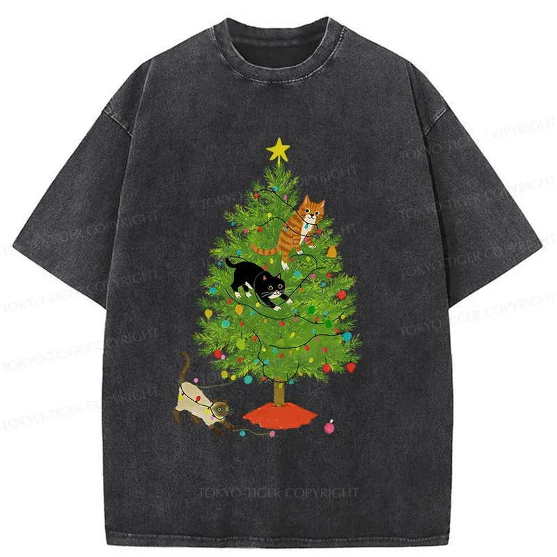 Tokyo-Tiger Cats Playing On The Christmas Tree Washed T-Shirt