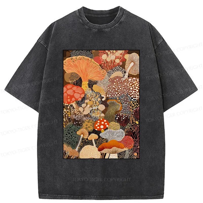 Tokyo-Tiger Psychedelic Mushroom Paintings Washed T-Shirt