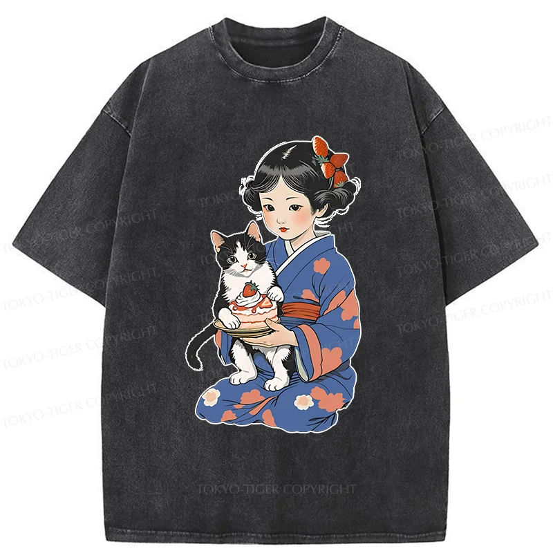 Tokyo-Tiger Japanese Child Holding A Cat Washed T-Shirt