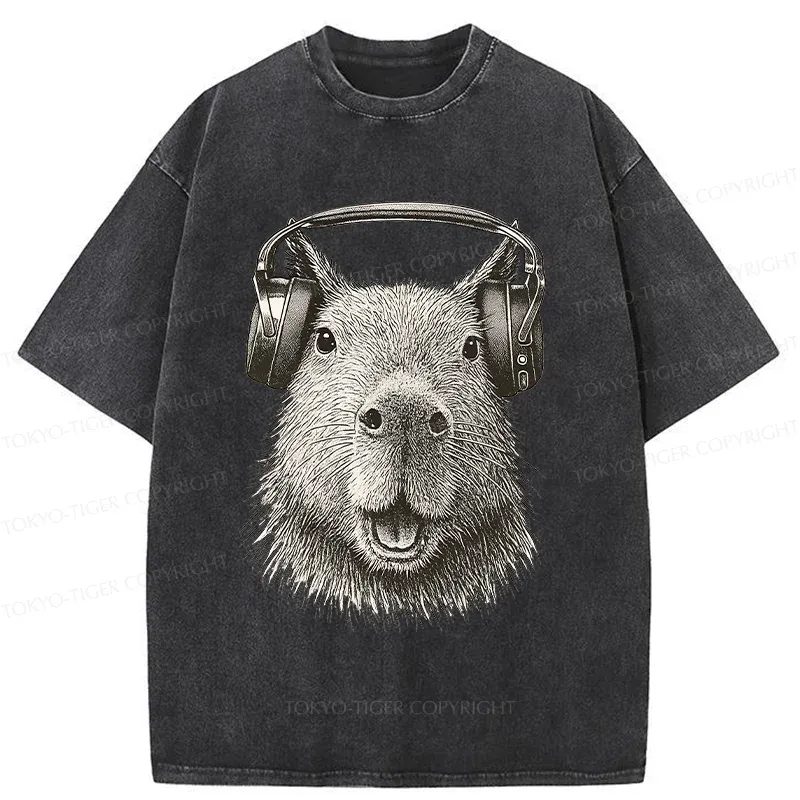 Tokyo-Tiger Capybara Listening To Music Washed T-Shirt