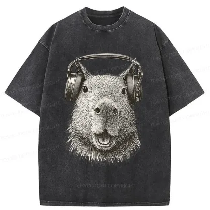 Tokyo-Tiger Capybara Listening To Music Washed T-Shirt