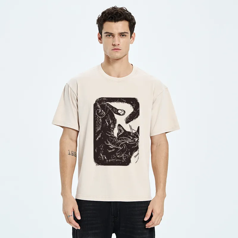 Tokyo-Tiger Funny Sleeping Cat Washed T-Shirt