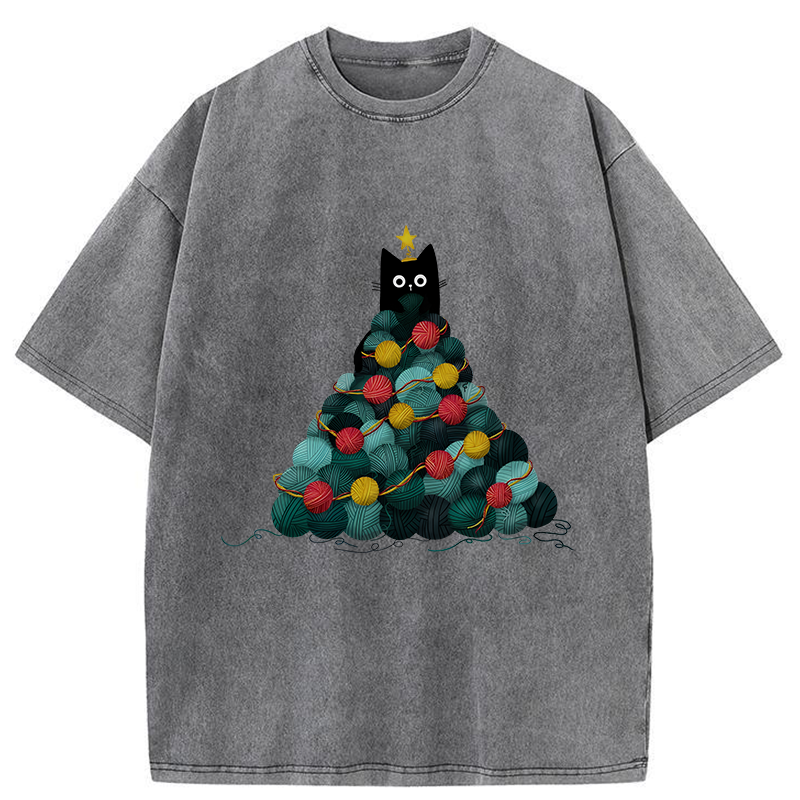 Tokyo-Tiger Yarn Christmas Tree Cat Washed T-Shirt