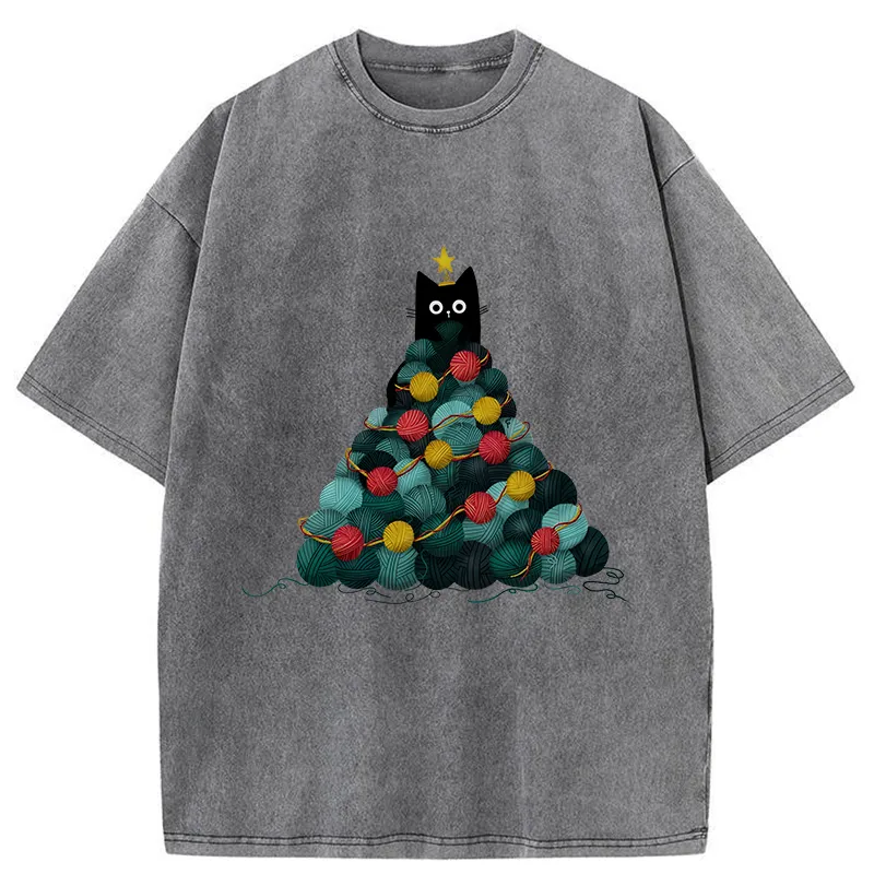 Tokyo-Tiger Yarn Christmas Tree Cat Washed T-Shirt