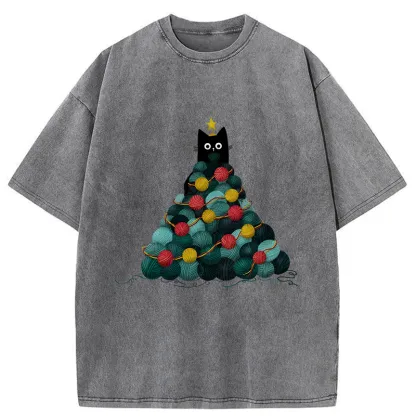 Tokyo-Tiger Yarn Christmas Tree Cat Washed T-Shirt