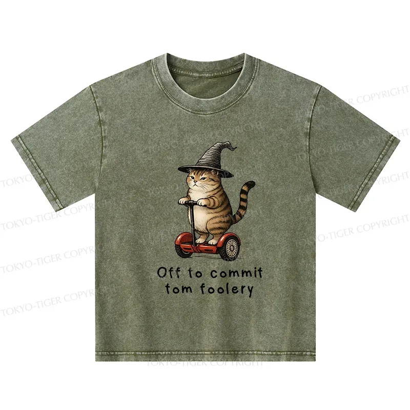 Tokyo-Tiger Orange Cat Riding Segway-style Kids Washed T-Shirt
