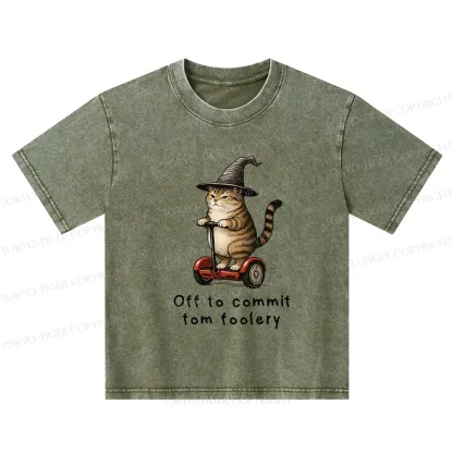 Tokyo-Tiger Orange Cat Riding Segway-style Kids Washed T-Shirt