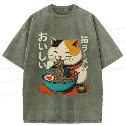 Tokyo-Tiger Cute Eat Eating Japanese Ramen Washed T-Shirt
