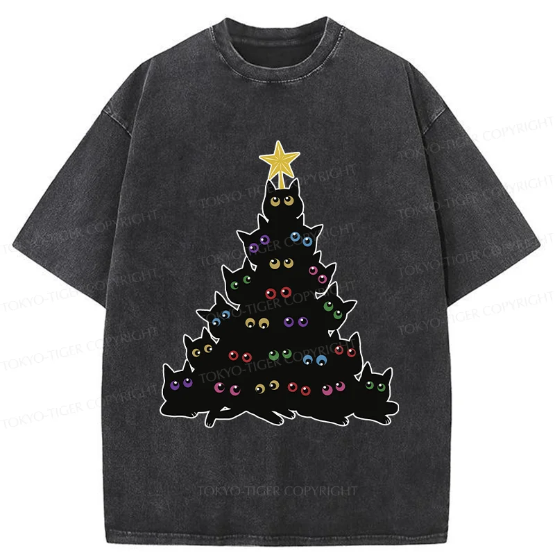 Tokyo-Tiger Cat Christmas Tree Washed T-Shirt