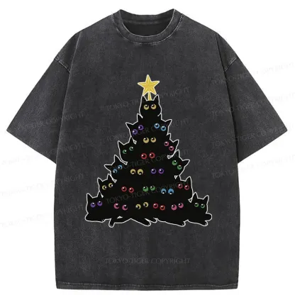 Tokyo-Tiger Cat Christmas Tree Washed T-Shirt