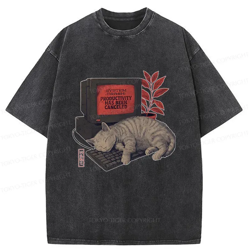 Tokyo-Tiger Cat Sleeping On Computer Washed T-Shirt Sale