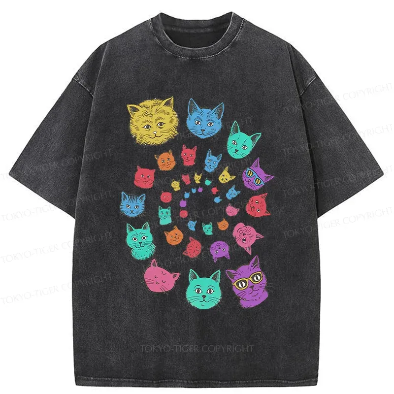 Tokyo-Tiger Psychedelic Spinning Cats Washed T-Shirt