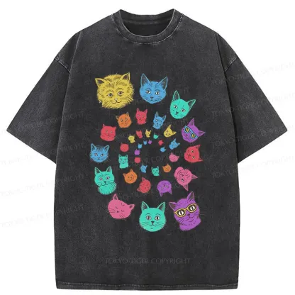 Tokyo-Tiger Psychedelic Spinning Cats Washed T-Shirt