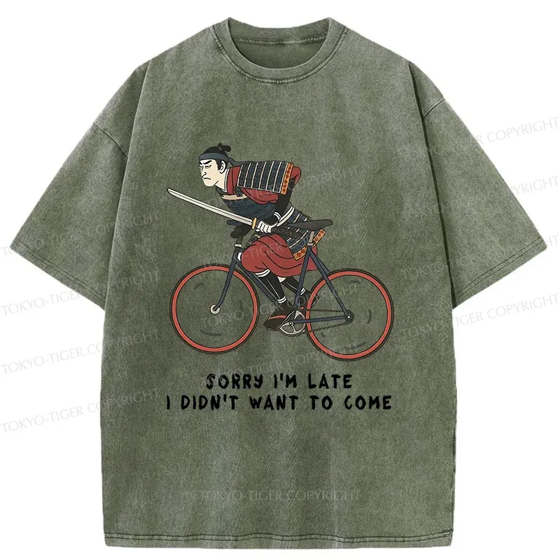 Tokyo-Tiger Samurai Riding A Bicycle Japanese Washed T-Shirt