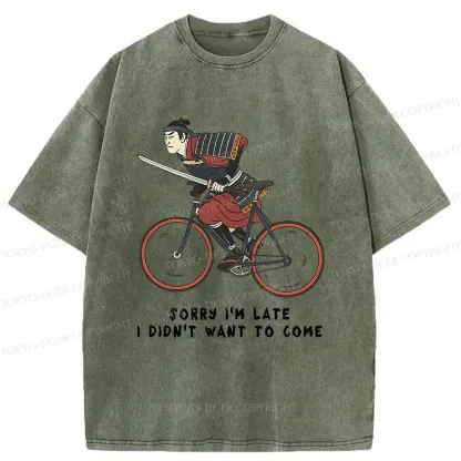 Tokyo-Tiger Samurai Riding A Bicycle Japanese Washed T-Shirt