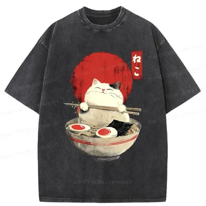 Tokyo-Tiger White Cat Ramen Washed T-Shirt