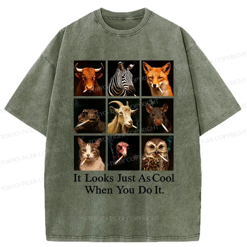 Tokyo-Tiger Various Animals Smoking Washed T-Shirt