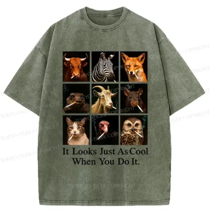 Tokyo-Tiger Various Animals Smoking Washed T-Shirt