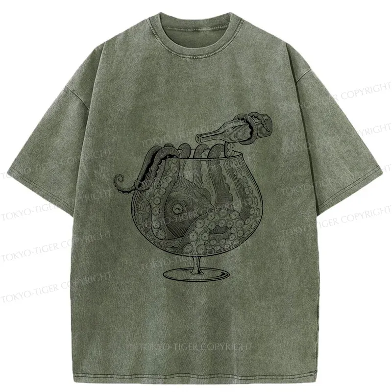 Tokyo-Tiger Octopus Drinking Wine Washed T-Shirt