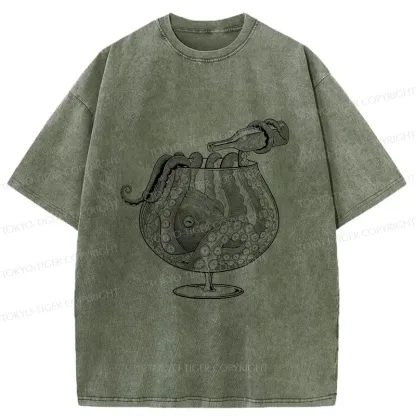 Tokyo-Tiger Octopus Drinking Wine Washed T-Shirt